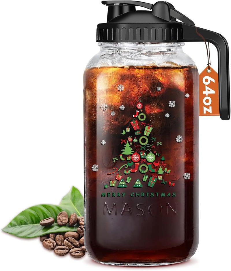 Mihlapi Christmas Gift for Mom,Mason Jar Pitcher, 64 oz Glass Milk Pitcher, Wide Mouth & Leakproof Glass Pitcher with Lid for milk, Sun Tea, Juice, Cold Brew Coffee and Drinks(Christmas tree） - Image 1
